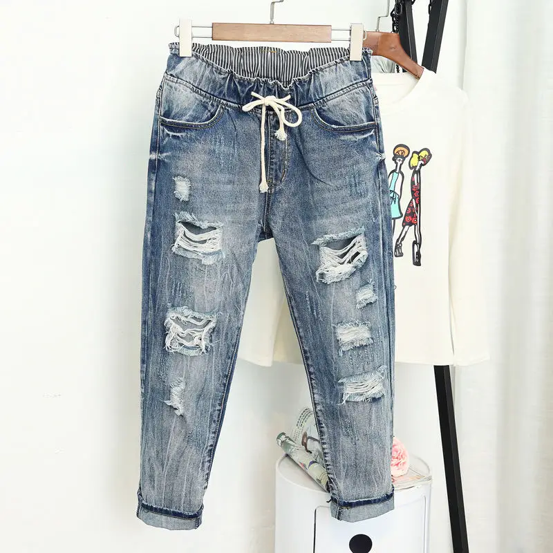 Ripped Boyfriend Jeans For Women Loose Vintage High Waist Jeans Femme Harem Pants Casual Streetwear Plus Size Mom Jeans 5XL Q58