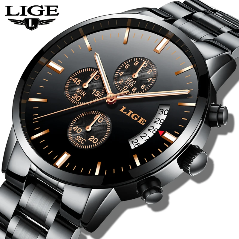 

LIGE Mens Watches Top Brand Luxury Men's Business Sport Watch Mens Stainless Steel Waterproof Quartz Clock Relogio Masculino+Box