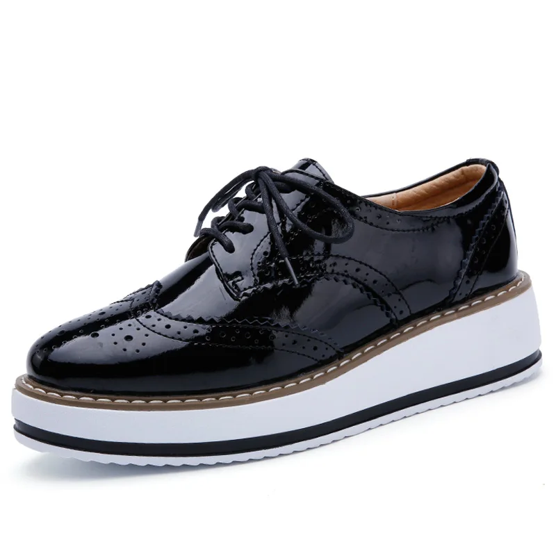 WDZKN Handmade Patent Leather Flat Shoes Women Flats Spring Autumn Carved Embossed Round Toe Platform Women Oxford Shoes H366 women oxford shoes leather mary jane shoes women slippers sandals