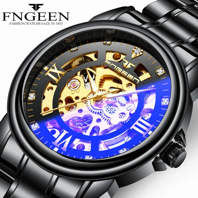 

FNGEEN Luxury Mens Watches Top Brand Automatic Mechanical Watch Men Black Hollow Face Waterproof Clock Casual Male Wristwatch