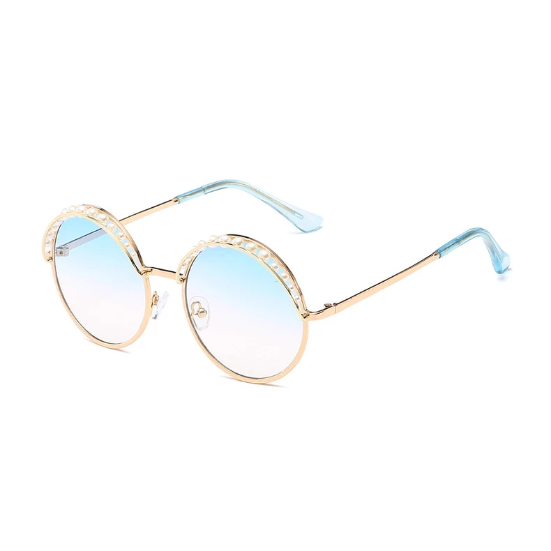 Королевские женские элегантные круглые солнцезащитные очки с жемчугом, новинка, дизайнерские солнечные очки с металлической оправой, розовые, желтые, синие, океанские, ss998 - Цвет линз: C6-Gold-Blue