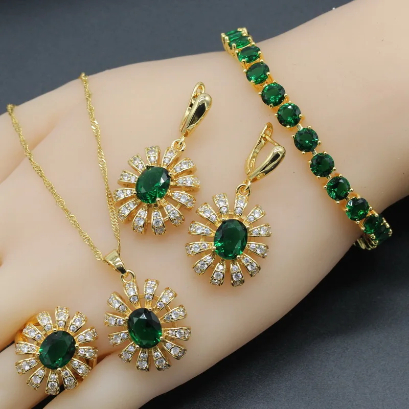 

Flower Deep Green CZ Gold Color Wedding Jewelry Sets For Women Perfect Zircon Necklace Sets Choker Ring Dangle Earrings Bracelet