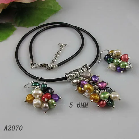 

Unique Pearls jewellery Store,Black Leather Mixes Baroque Natural Freshwater Pearl Necklace Earring Handmade Grape Jewellery Set