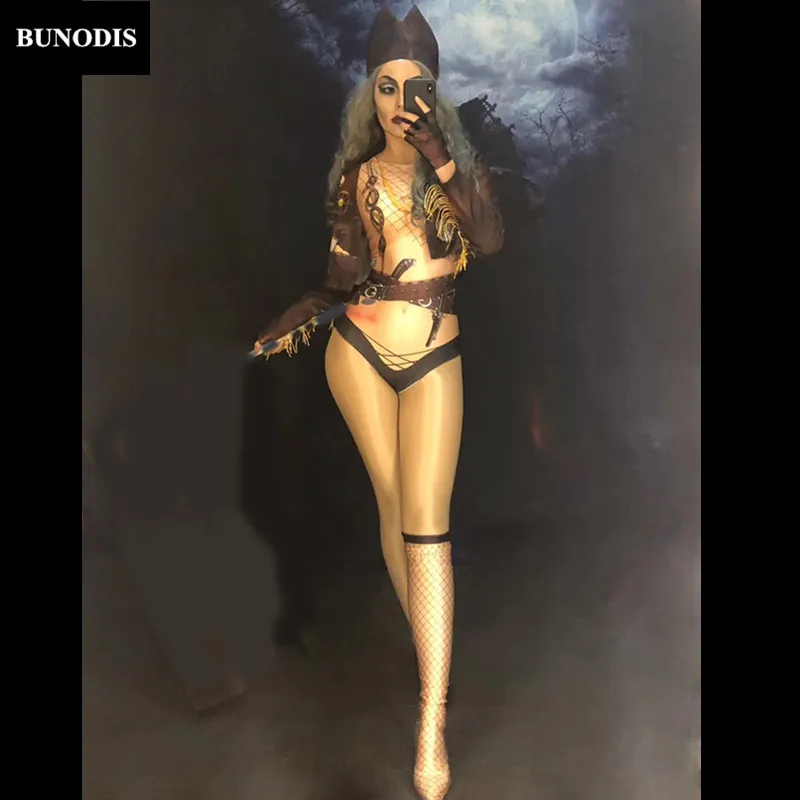 

ZD364 Hallowmas Clothed Women Pirate Sexy Bodysuit 3D Printed Nightclub Party Stage Wear Dancer Singer Show Time Clothing