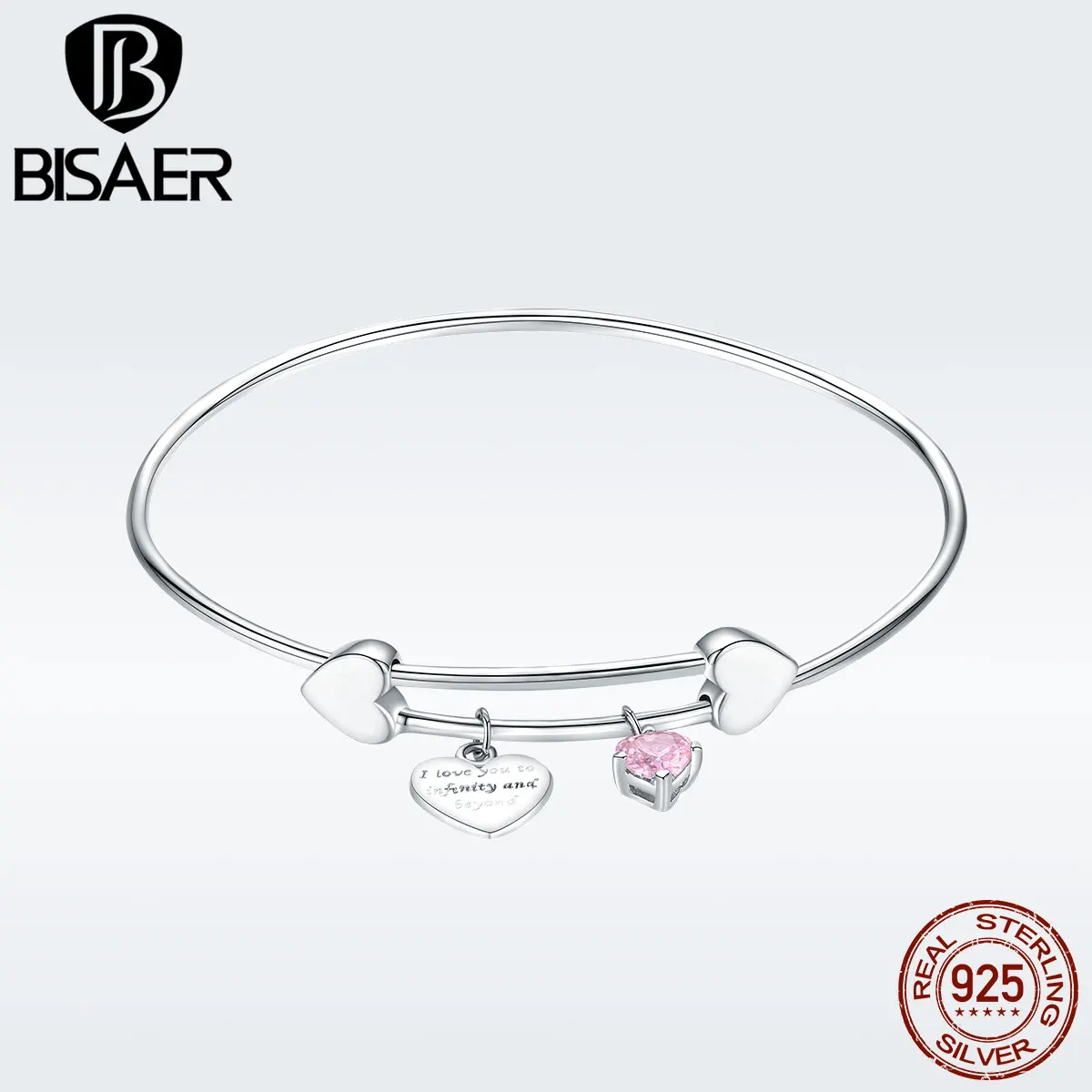 

BISAER Love Bangle 925 Sterling Silver Pink Cubic Zirconia Heart Pendant Adjustable Bracelet for Women Girlfriend Gifts GXB124