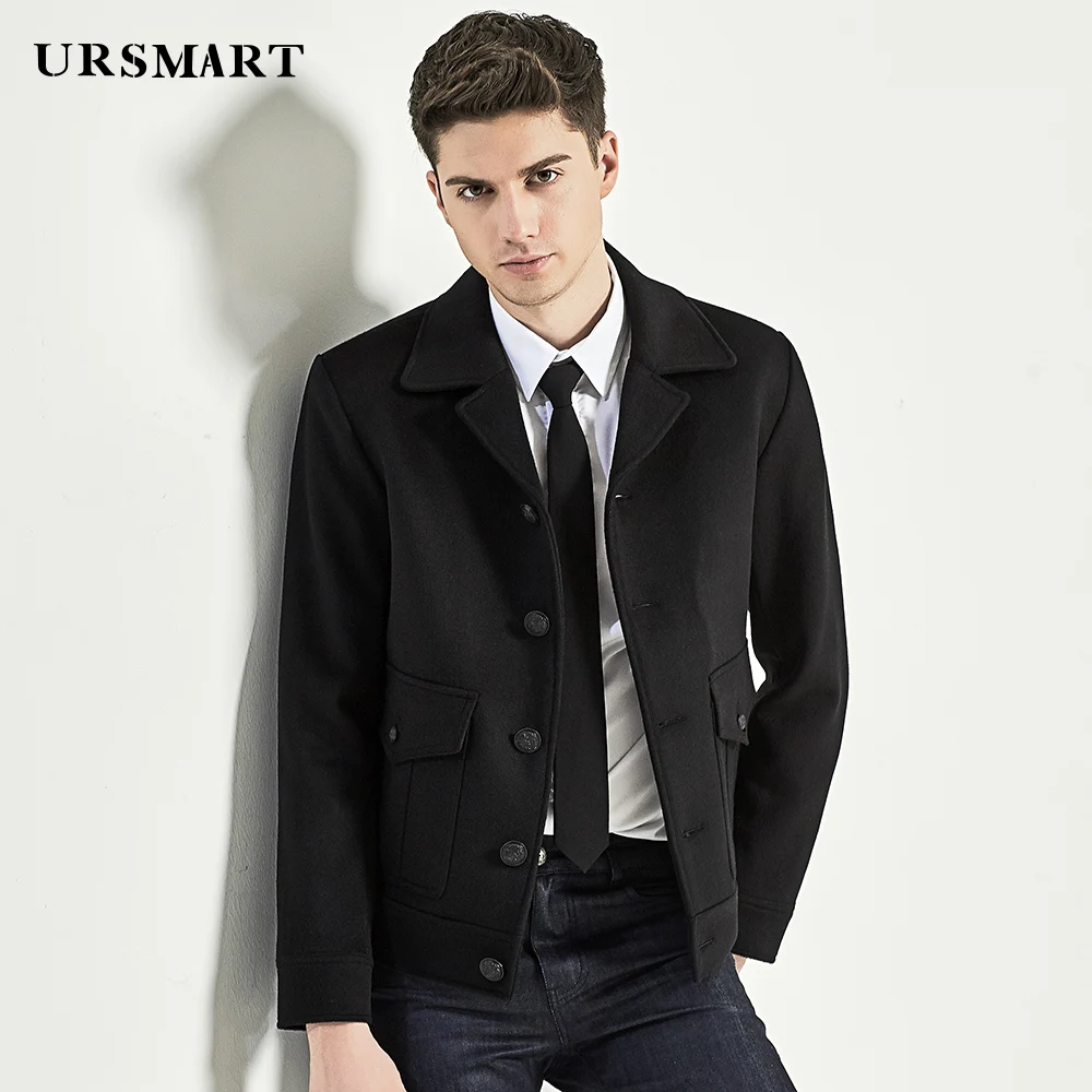 УРСМАРТ Аутентичные короткий стиль вставленного сумка шерстяное пальто мужские модные повседневные Черные мужские пальто Тонкий Мужская с коротким пальто
