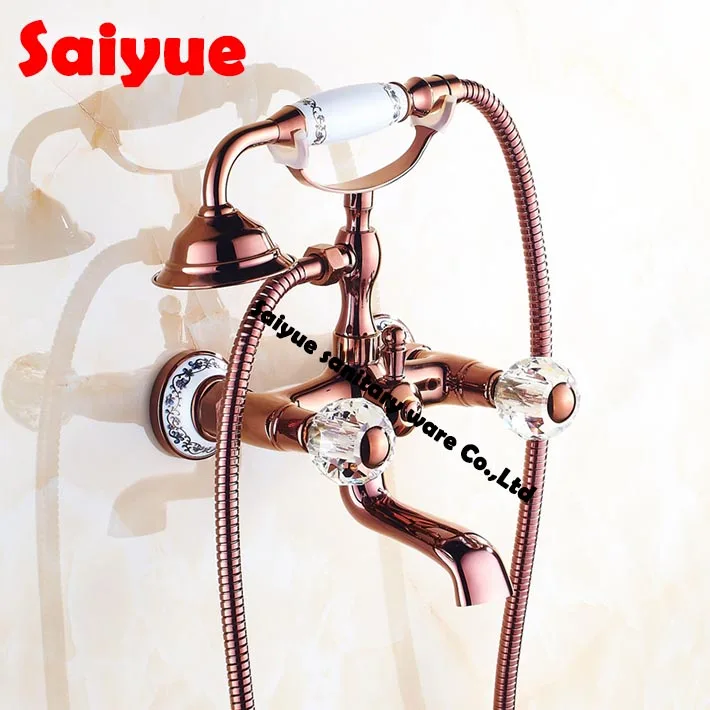 

Luxury Rose Gold exposed Bathroom Rain Shower Faucet set Bathtub Column Mixer Tap telephone hand shower crystal handle