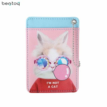 

Bentoy Funny Cat Women Leather Card Holders Travel Driver License Cover Keychain Bus Card Holder Mini Pocket Money Purse