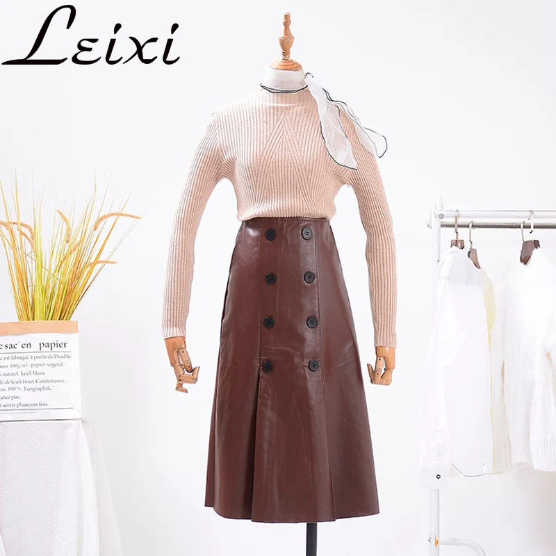 Осень-зима Повседневное из искусственной кожи юбка Для женщин Элегантный Zipper A-Line Skirt леди тощий Высокая Талия юбки кнопка