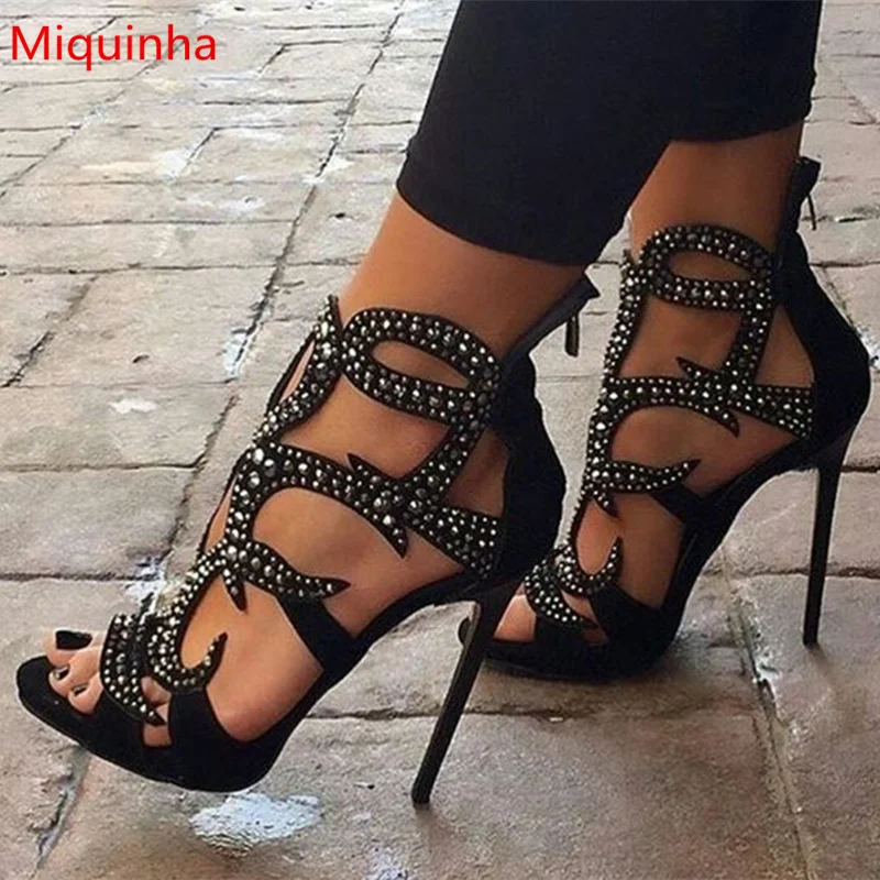 Miquinha Sexy High Thin Heel Hallow Out Women Sandals Crystal Embellished Zippered Gladiator Peep Toe Stiletto Runway Shoes