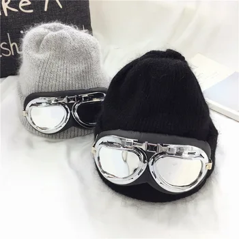 

2018 New Knitted Beanies&Skullies Women Winter Warm Hat With Ski Glasses Men Thick Knitting Rabbit Fur Cap Gorra