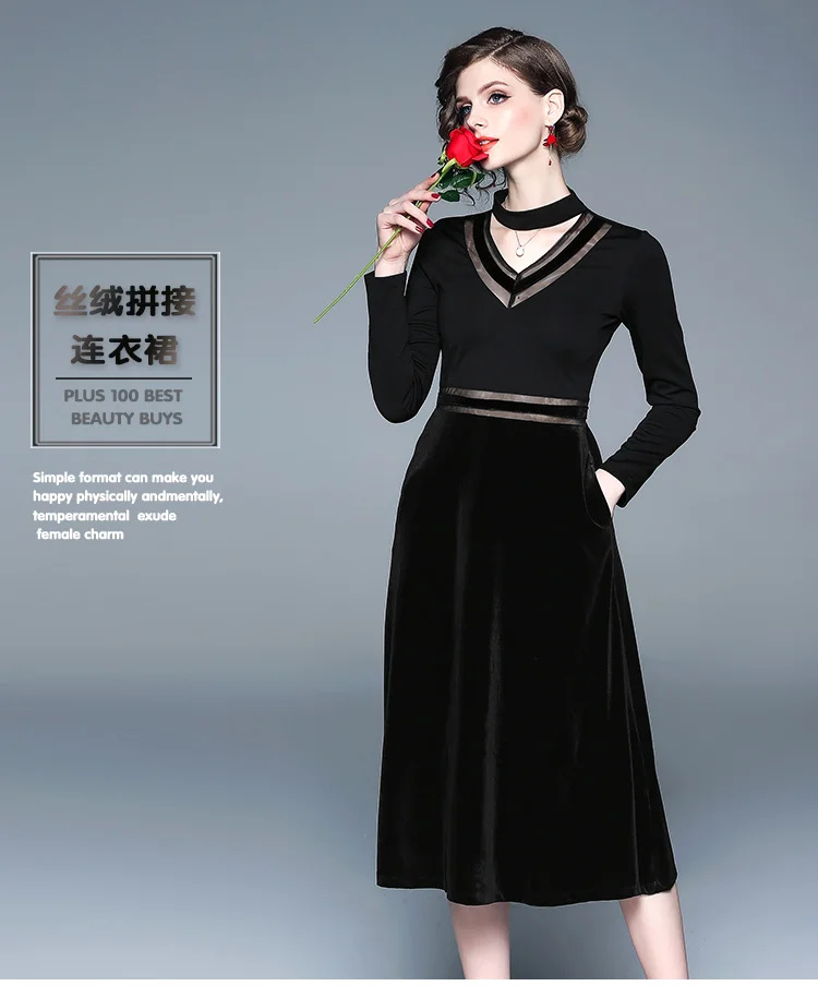 Tang 2019 New Autumn Winter Dress Women Plus Size Velvet mesh Stitching Long Vintage Elegant Robe Elbise Office Casual Dress vestidos (11)