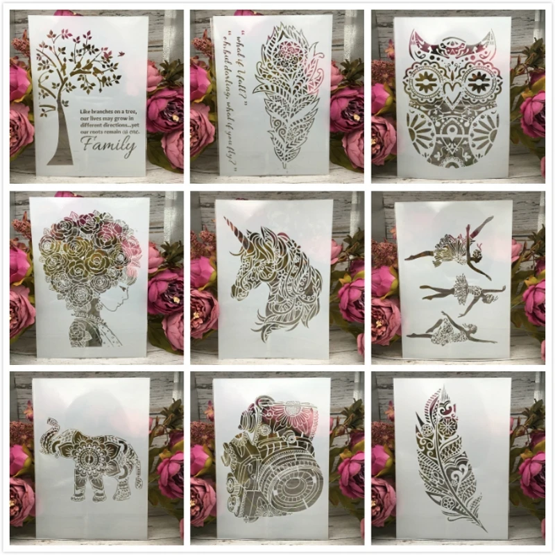 

1Pcs A4 29cm Unicorn Flower Hair Girl Feather Owl DIY Layering Stencils Paint Scrapbook Coloring Embossing Decorative Template