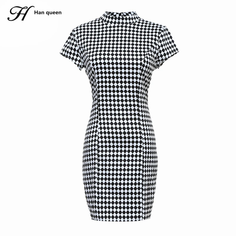 

H Han Queen Halter Backless Summer Dress Women Plaid Print Bodycon Dresses Fashion Sexy Sheath Pencil Female Casual Vestidos