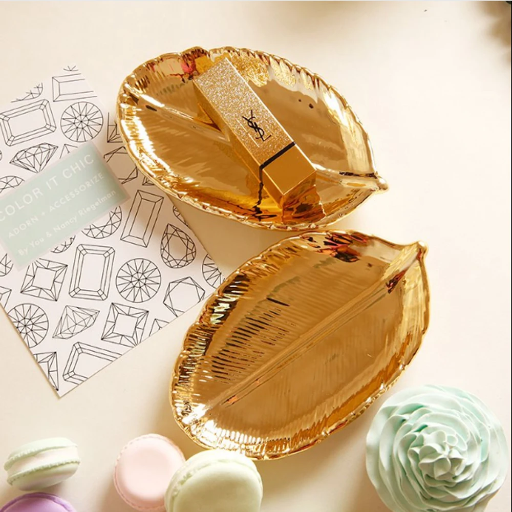 

Gold Leaf Jewellery Tray Ceramic Trinket Dish Ring Earrings Organizer Home Decorative Housewarming Gift