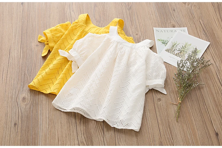 2018 Summer 2-10 Years Children Cotton Solid Color Off Shoulder Strapless Hollow Out Wave Little Sexy Kids Girl Dress Blouse (7)
