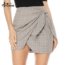 Artsnie/серые клетчатые мини-юбки с высокой талией и оборками для женщин; сезон осень года; уличная одежда; пикантные короткие юбки с бантом для девочек; женские зимние юбки