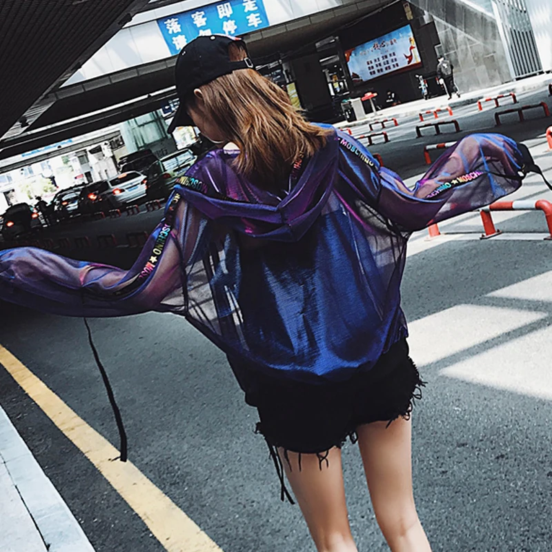 Женская прозрачная сетчатая Куртка Harajuku с длинным рукавом тонкая верхняя одежда фиолетового и золотого