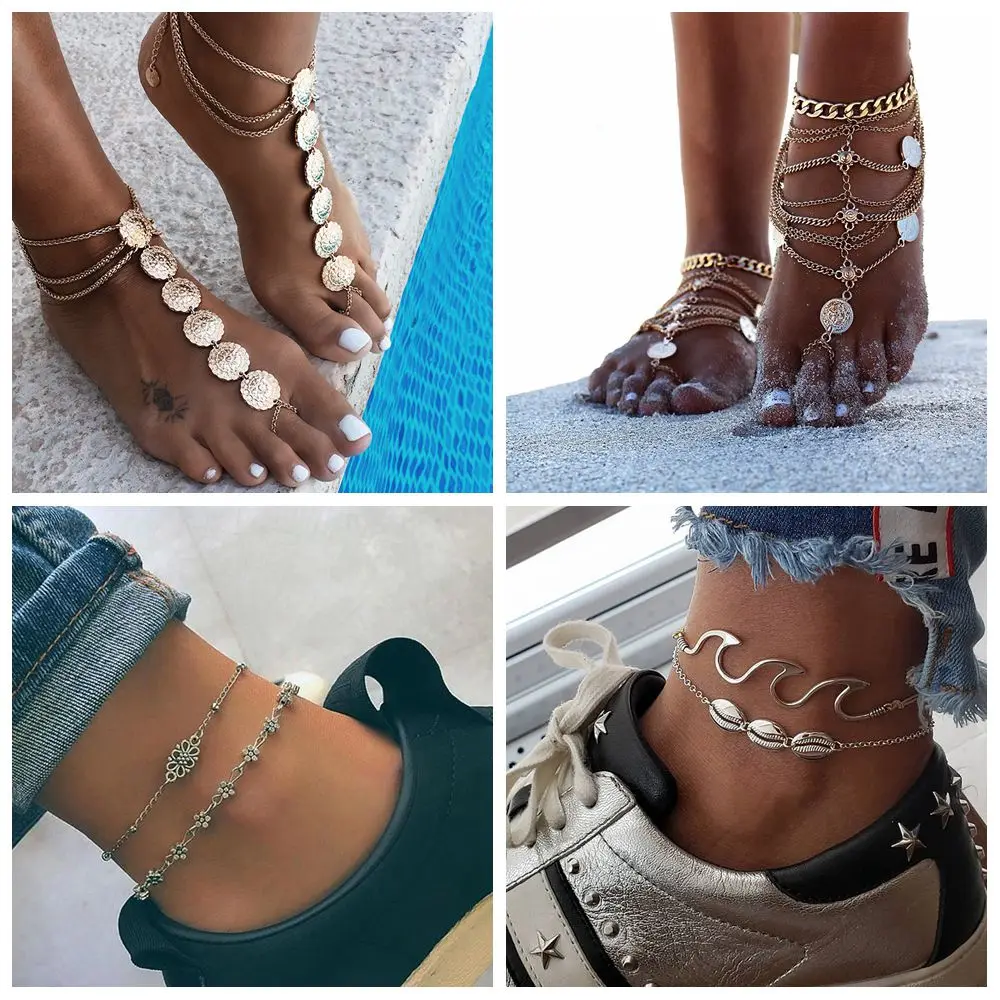 

Summer Bohemian Foot Chain Jewelry Vintage Sexy Metal Tassel Anklet Luxury Charm Bracelet For Women Beach Barefoot Sandals Ankle