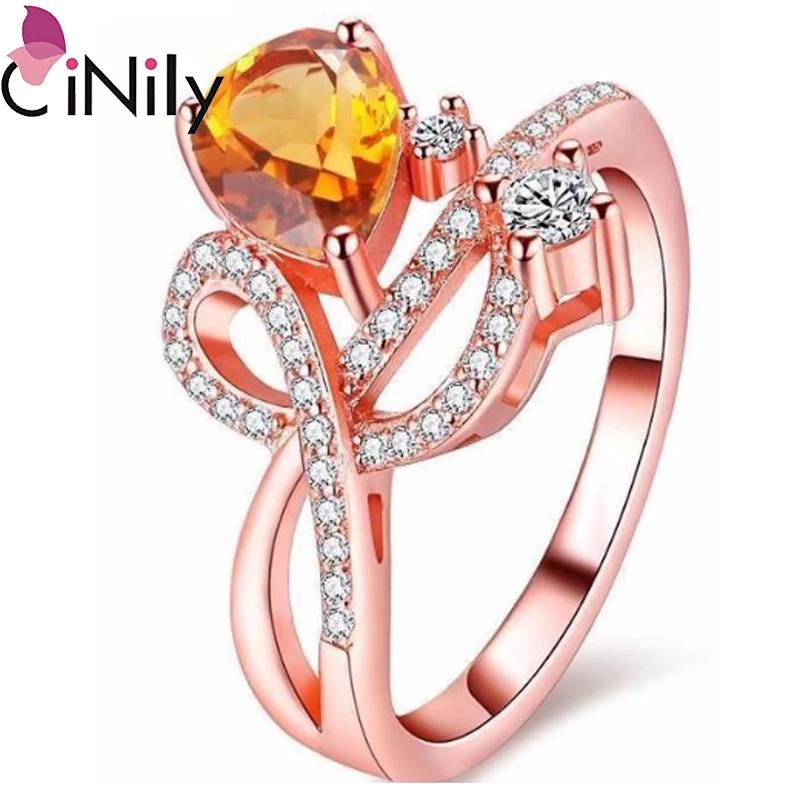 

CiNily Luxury Filled Finger Rings With Stone Rose Gold Color Water Droplets Yellow Crystal Cocktail Party Fully-Jewelled Female
