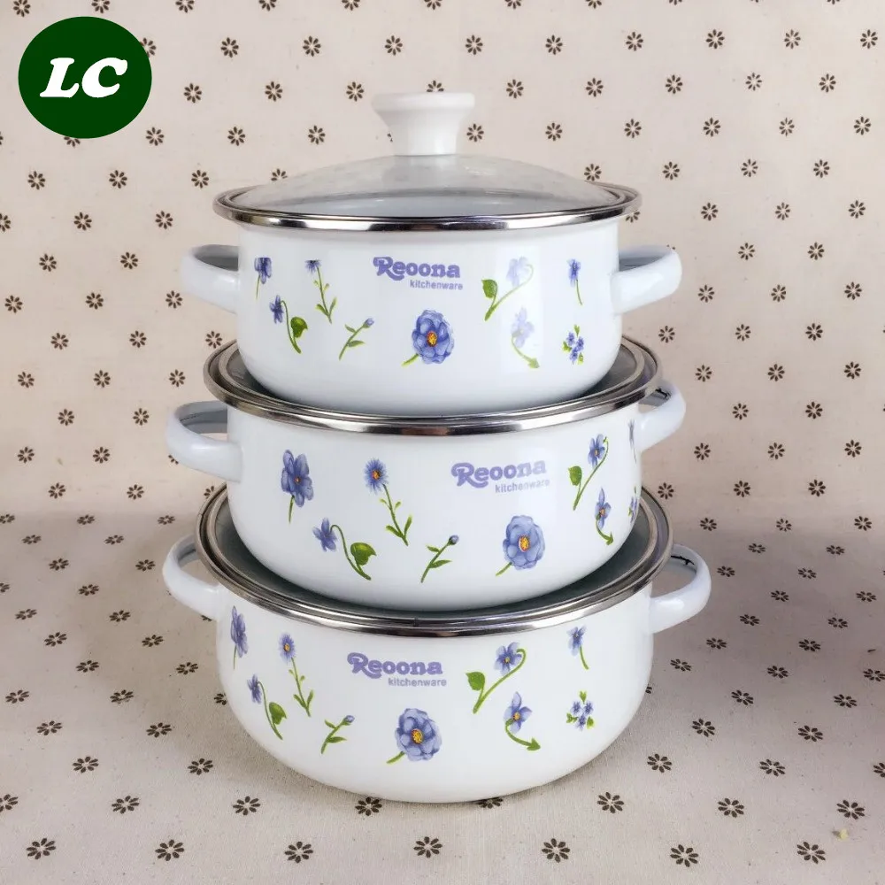 

1L 1.5L 2L cooking tools enamel casserole pots set mini kitchen utensil with glass cover 3PCS