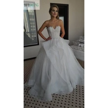 Белое кружево органза Бисероплетение Длина до пола милое ТРАПЕЦИЕВИДНОЕ свадебное платье без бретелек без рукавов свадебное платье на заказ