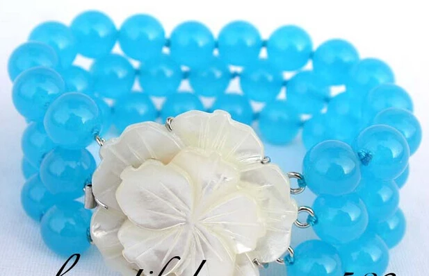 

shipping>>>>z911 3row 10mm blue round jade bracelet shell flower clasp