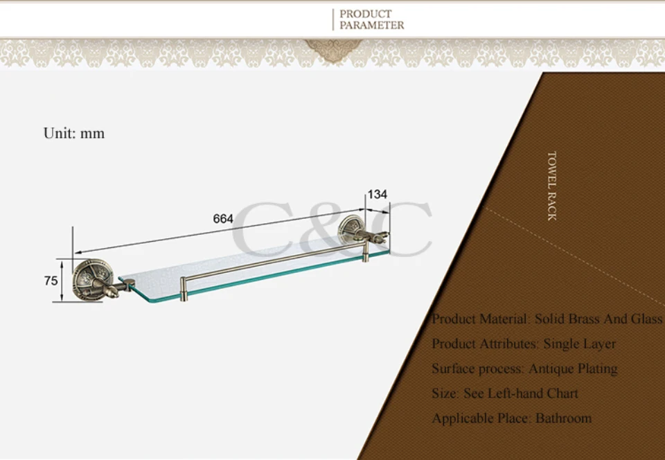 Вешалки для полотенец благородный и элегантный твердой латуни и Стекло античная покрытие Ванная комната Полотенца держатель полки 1104