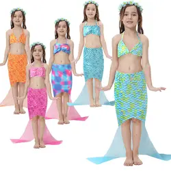 Для детей в виде русалки для девочек, костюм с бикини 3 предмета купальный костюм розового и синего цвета карандаш юбка-годэ Купальник