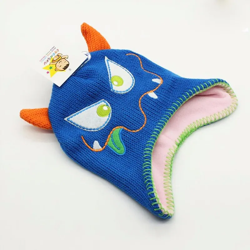 Kids Beanies Cute Cartoon Horn Caps Funny Face Embroidery Skullies Children Knit Wool Fleece Hats Boys Girls Winter Accessories (2)