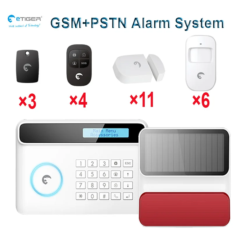 eTIGER GSM/PNST double network anti theft security system with outdoor solar power alarm siren