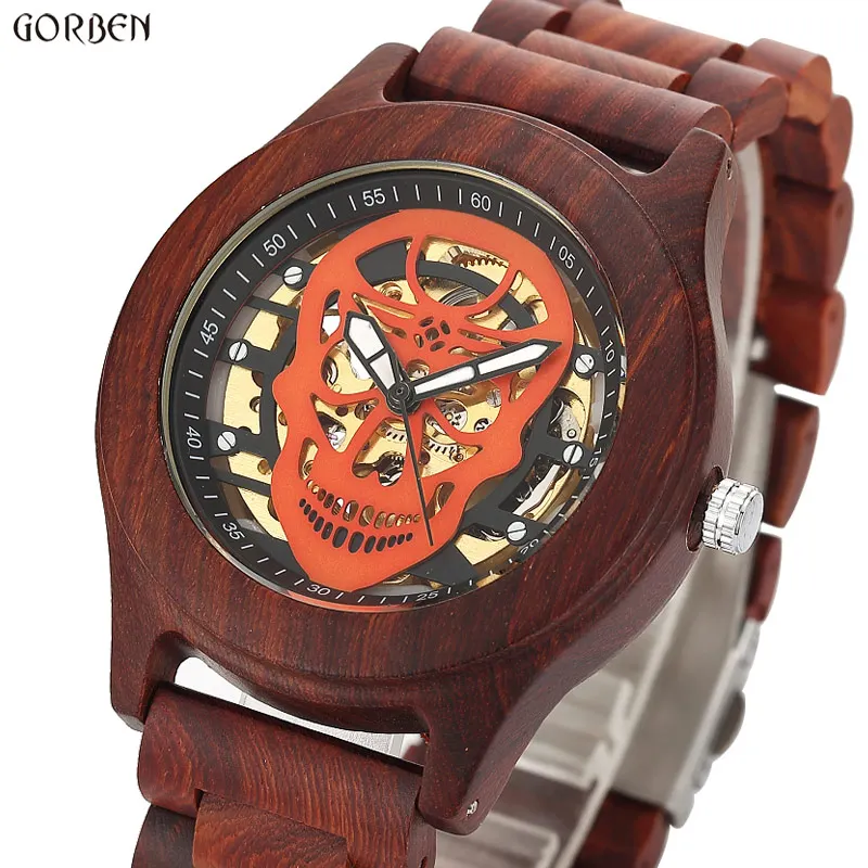 

Luxury Brand Men's Mechanical Watches Men Wooden Skull Steampunk Creative Automatic Watch Unique Bamboo Hollow Design Male Clock