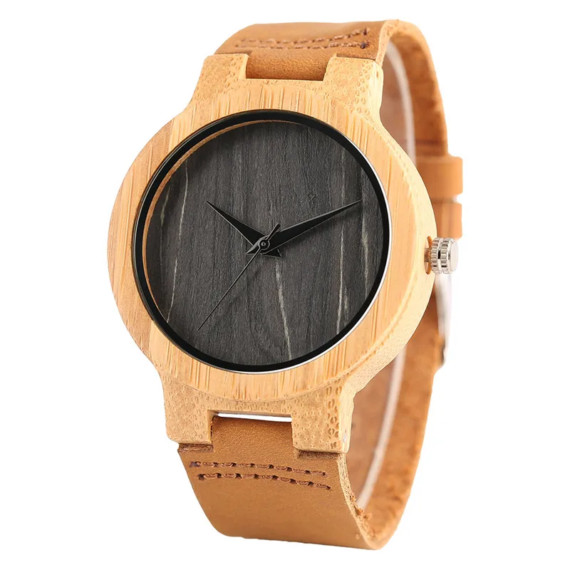 Casual Men Women Nature Wood Wristwatches Simple Bamboo Sliced Pattern Genuine Leather Strap Minimalist Wooden Watch Clock Gifts (2)