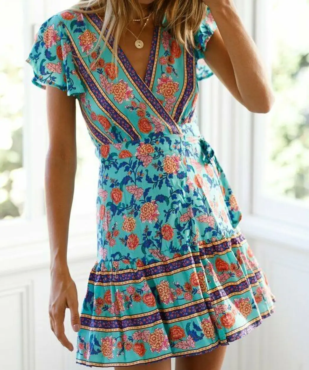 

New Fashion Women Boho Floral Short Sleeves Ruffle V-Neck Mini Dress Party Beach Bandage Short Holiday Dress Lady Summer Clothes
