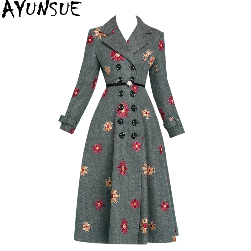 AYUNSUE, зимнее длинное пальто, Женское шерстяное пальто с вышивкой, винтажная шерстяная куртка, Женское пальто, Abrigos Mujer Invierno KJ358