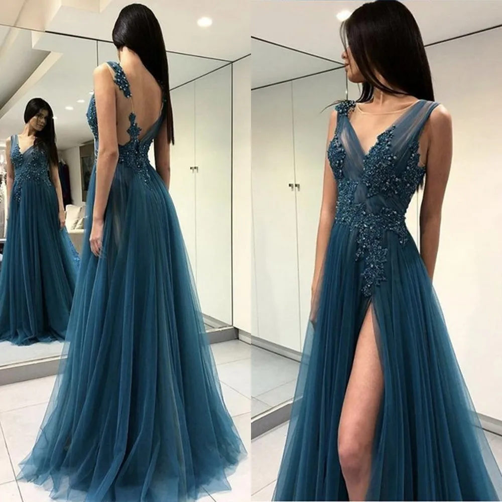 

Custom Made Tulle Dress Evening High Split A Line Floor Length Beaded Lace Long Party Dresses 2019 New Women Prom Gowns Cheap