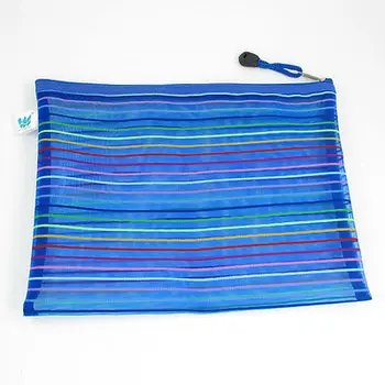 

10.9" x 8.9" Striped Pattern Blue Nylon Zipper Closure Stationery File Bag