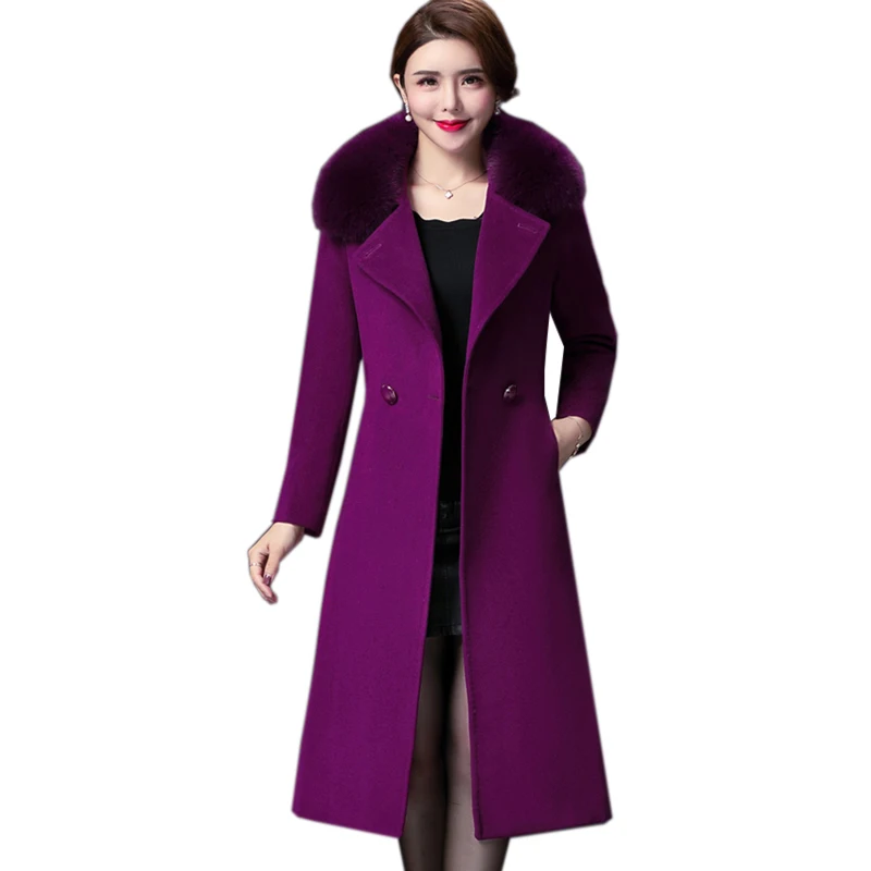 

New 2019 Women Long Wool Coat Fashion Fur Collar Solid High-grade Ladies Winter Coats Big Size Woollen Keep Warm Overcoat YF339