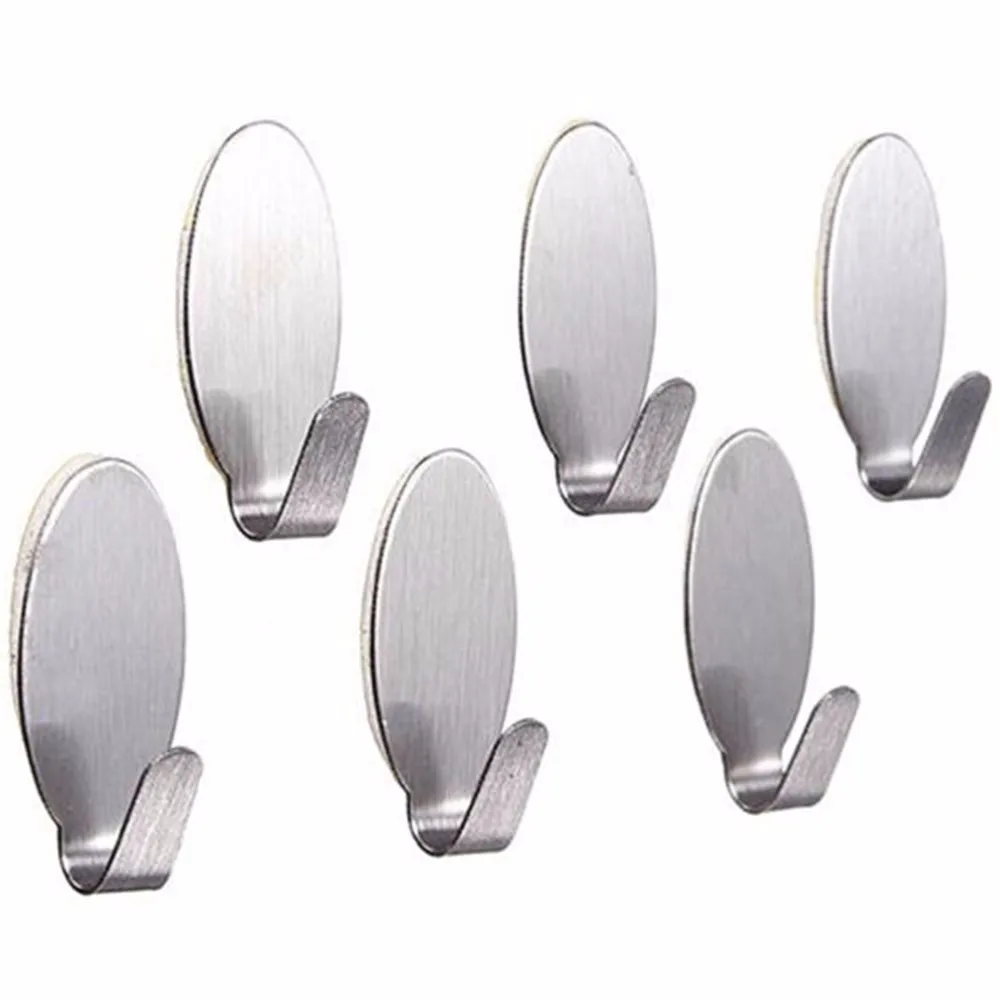 6PCS Useful Stick On Silver Hook Strong Self Adhesive Sticky Coat Hat Metal Hanger Home Bathroom Kitchen Stainless Steel Holder