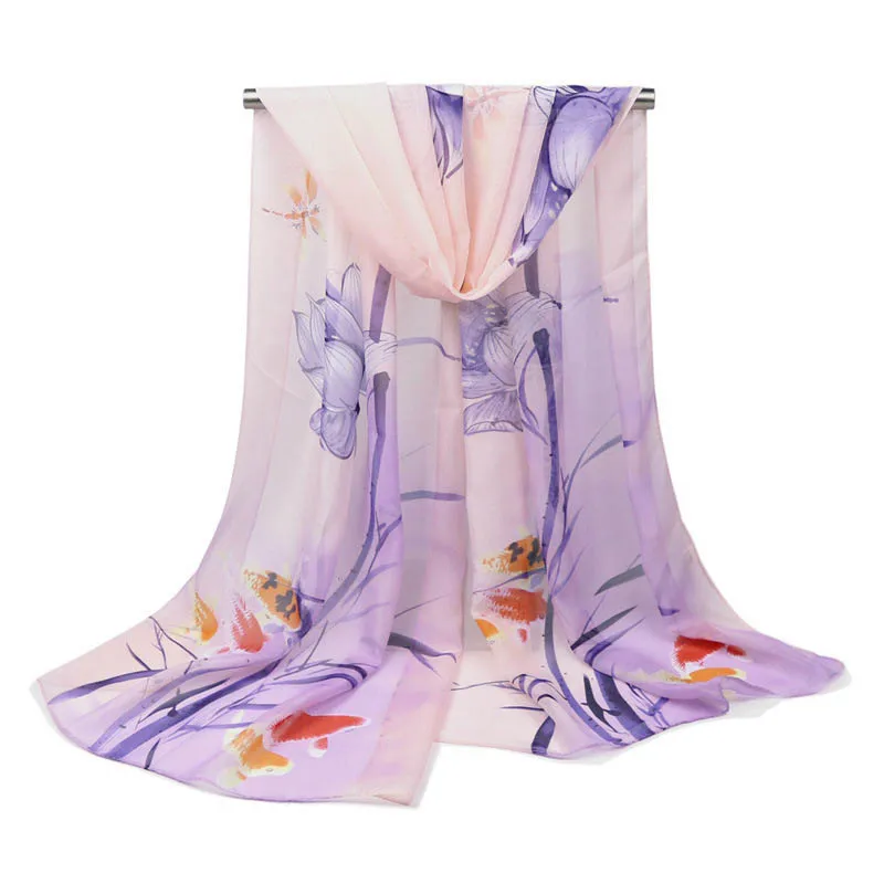 Woman Scarf New Arrival 2018 Summer Thin Silk Wild Chiffon Lotus Print Shawl Beach Towel Scarves for Ladies |
