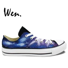 Wen Original Hand Painted Shoes Design Custom Blue Starlight Galaxy Nebula Black Low Top Man Woman’s Canvas Sneakers