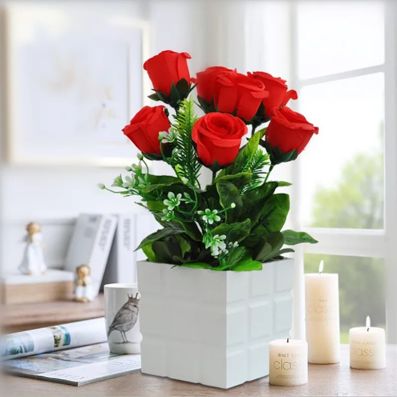 Flone Rural Style Artificial Flowers Potted Tulip And Rose Flower Simulation Silk Fake Flowers Bonsai Wedding Home Desk Decor (9)