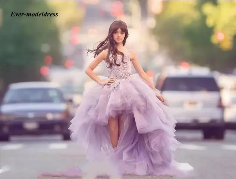

Lavender High Low Flower Girl Dresses for Wedding Jewel Appliques Girls Pageant Gowns Child Birthday Party Dress