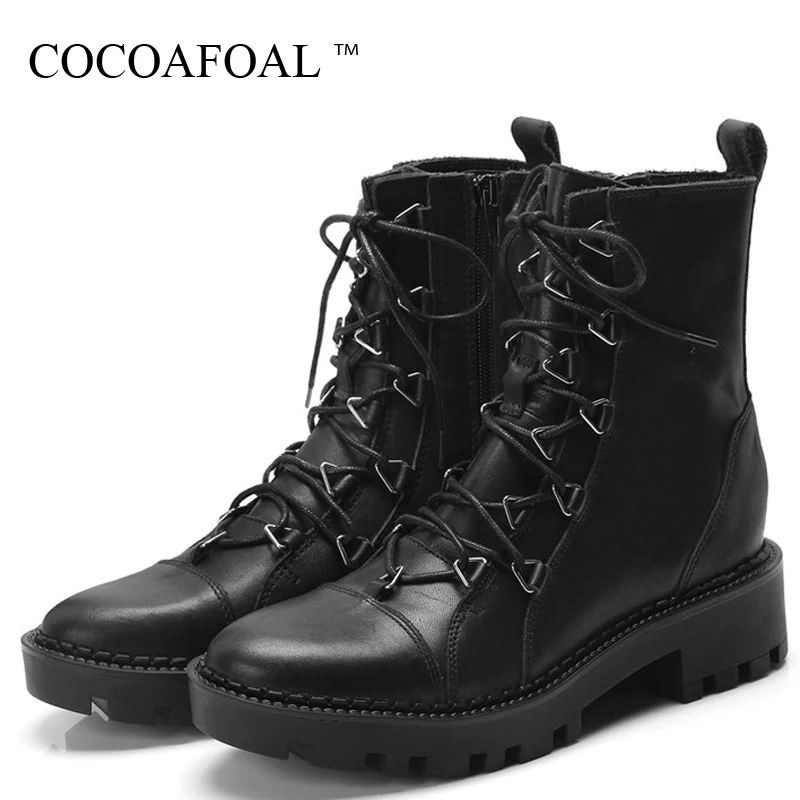 

COCOAFOAL Autumn Winter Women's Motorcycle Boots Genuine Leather Woman Ankle Boots Silvery Genuine Leather Shoes Martin Boots