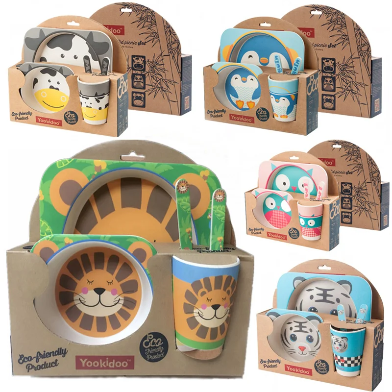 

Yookidoo 5pcs/set Unicorn animal zoo baby Plate bow cup Forks Dinnerware feeding Set 100% bamboo fiber Baby children tableware