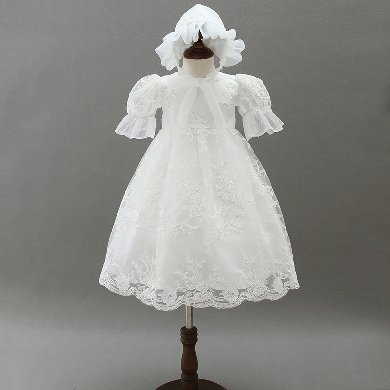 

Christening Gown Flower Embroidered Baptism Dress with Bonnet Hat Lace Overlay Baby Long Dress 1 Year Birthday Dresses A015 Robe