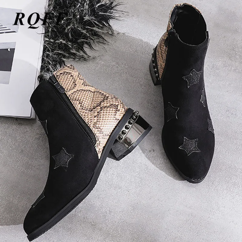 

Womens Gray Black Chelsea Ankle Boots Big Size 33 46 New Autumn Fashion Shoes Woman Square Heel Ladies Boot Star Serpentine Shoe