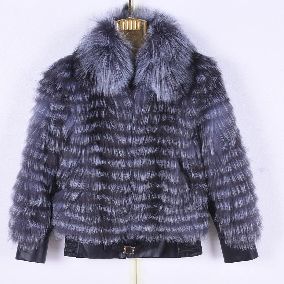 Женская куртка из натурального меха серебристой лисы, зимняя повседневная куртка с длинными рукавами и воротником из меха серебристой лисы, модная одежда
