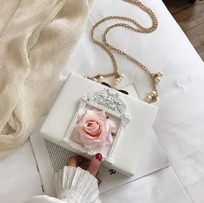Винтажная 3D сумка-мессенджер с ангелом, женская сумка-клатч, роскошный цветок из искусственной кожи, женские сумки, сумки на плечо с металлическим бисером и цепочкой - Цвет: flower white
