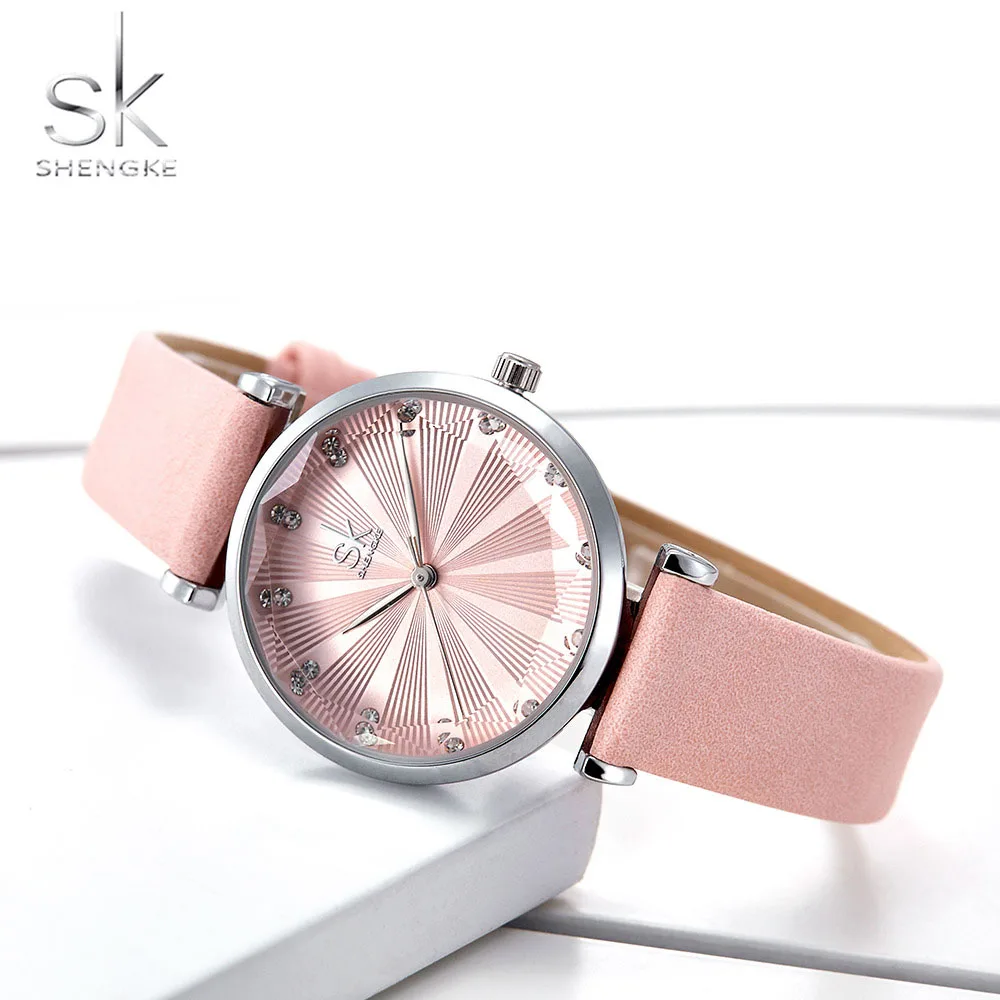 

Women's Watches Luxury Ladies Watch Pink Leather Watches For Women Fashion Bayan Kol Saati Diamond Reloj Mujer 2019 Shengke Gift